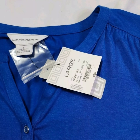 Liz Claiborne Luxury Blue Top Women's Large T-Shirt Rayon Poly Henley Tee NWT - Picture 4 of 7